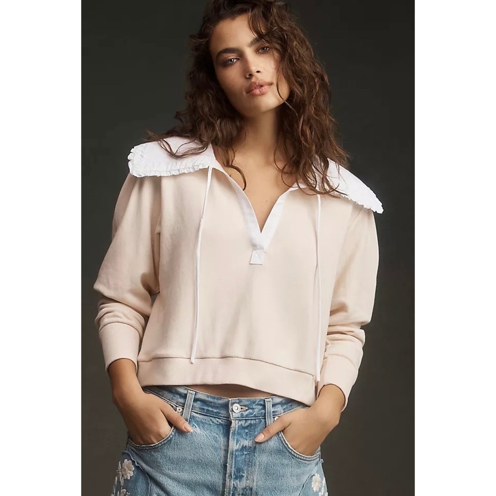 Anthropologie Poplin-Collar V-Neck Sweatshirt Size Small